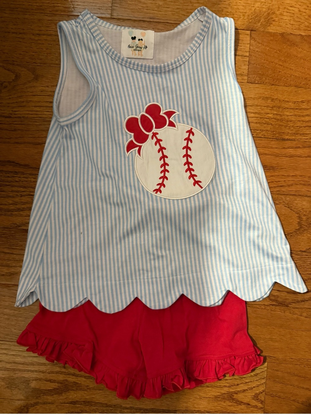 Blue Stripe Baseball Tank Top for Girls with Red Bow Accent